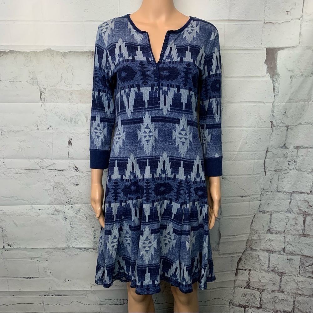 LRL Ralph Lauren Jeans Co.Blue Aztec Knit Henley Collar Dress-Gored